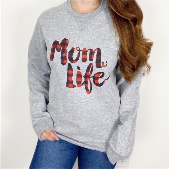 MOM LIFE Buffalo Plaid Cozy Crewneck Popover Sweatshirt Small Oversized Casual - Picture 1 of 6
